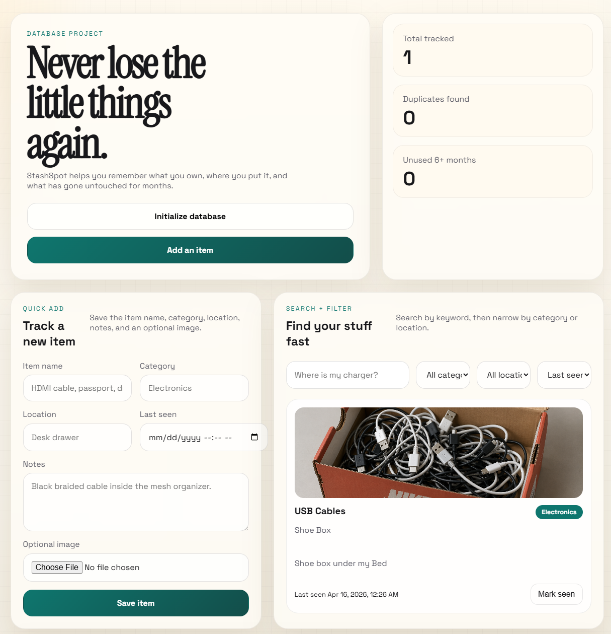 StashSpot dashboard showing item tracking, quick add form, and search/filter tools.